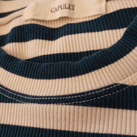 Capulet Short Sleeve Striped Teal/Cream Ribbed Knit Bodysuit size S - Picture 4 of 6